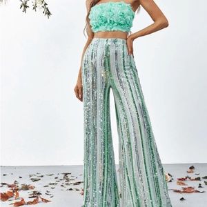 Large 2-piece sequin flared pants & floral tube top - aqua mint silver NWOT